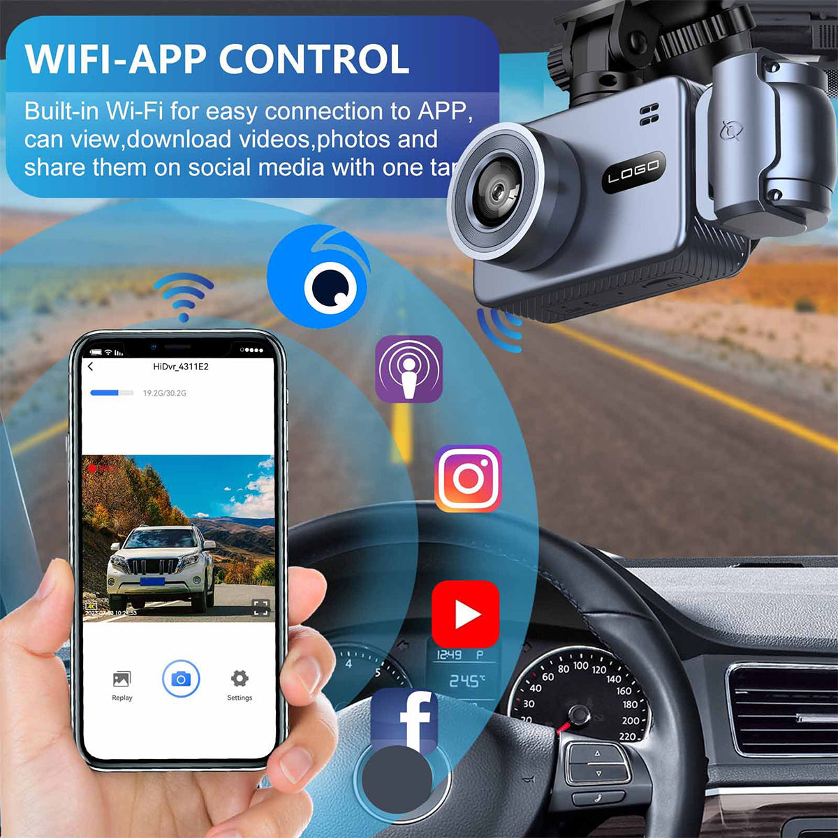 4K Triple Lens Dash Cam Front Cabin Rear Camera WiFi 32GB Card