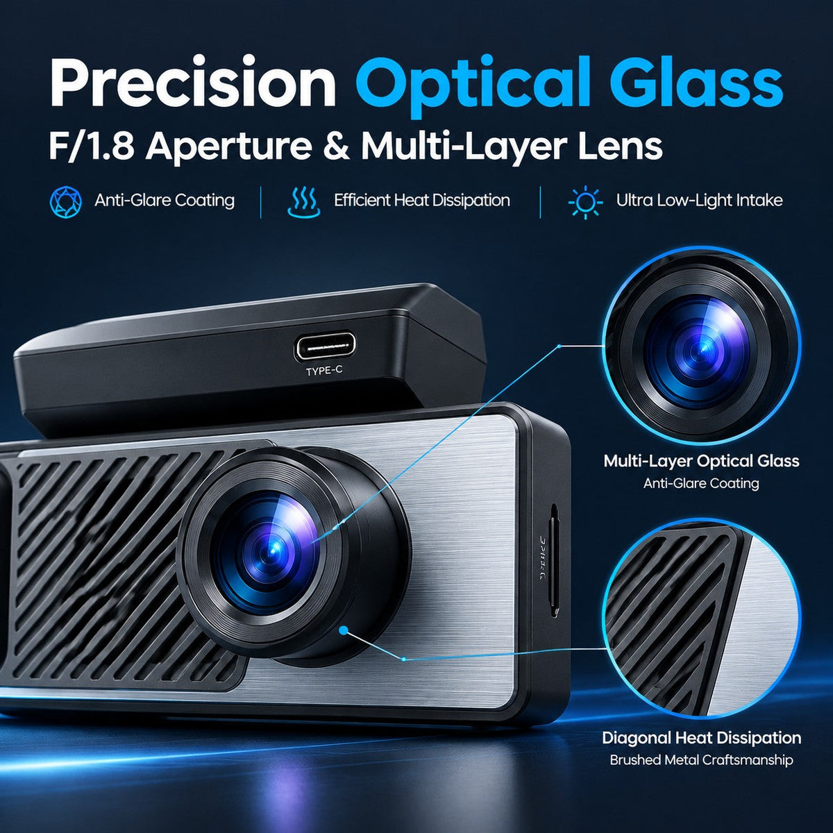 TA-145 F1.8 optical glass lens and heat-dissipating dash cam body