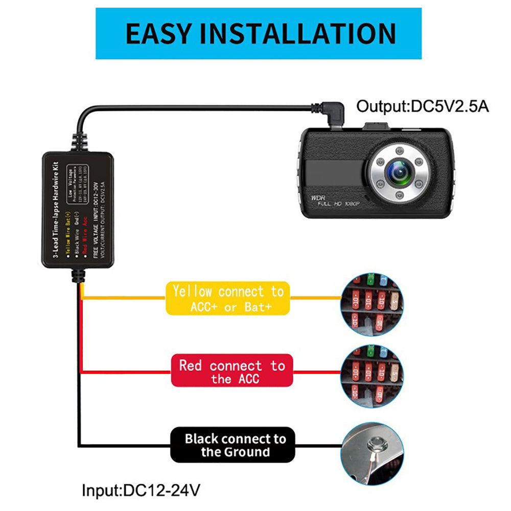 3-Wire Smart Hardwire Kit for Dash Cam Low Voltage Protection Mini USB / Micro USB / Type-C