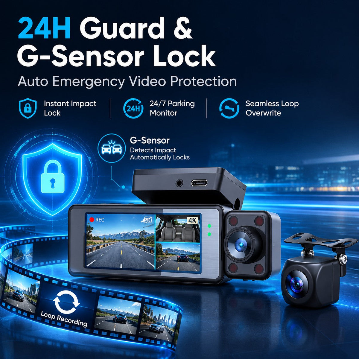 TA-145 dash cam 24-hour parking guard, loop recording and G-Sensor file lock