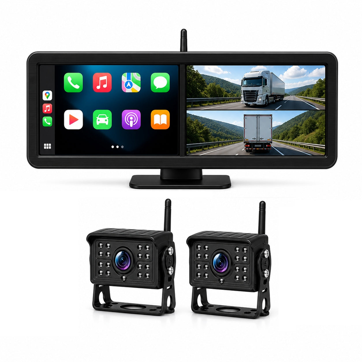 15.88'' Dual Screen Wireless CarPlay Wi-Fi RV Camera System 2CH BSD Infrared Cameras