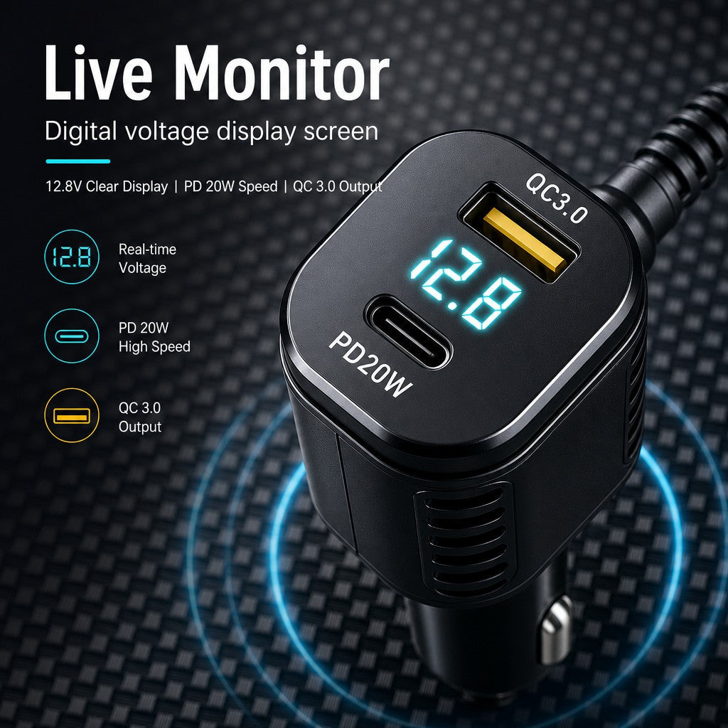 3-Port Dash Cam Car Charger with Voltage Display – QC3.0, PD 20W & 3.5m Right-Angle USB-C Cable