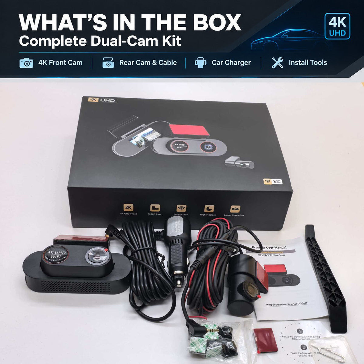 TA-146 complete dual dash cam kit with front camera, rear camera, charger and accessories