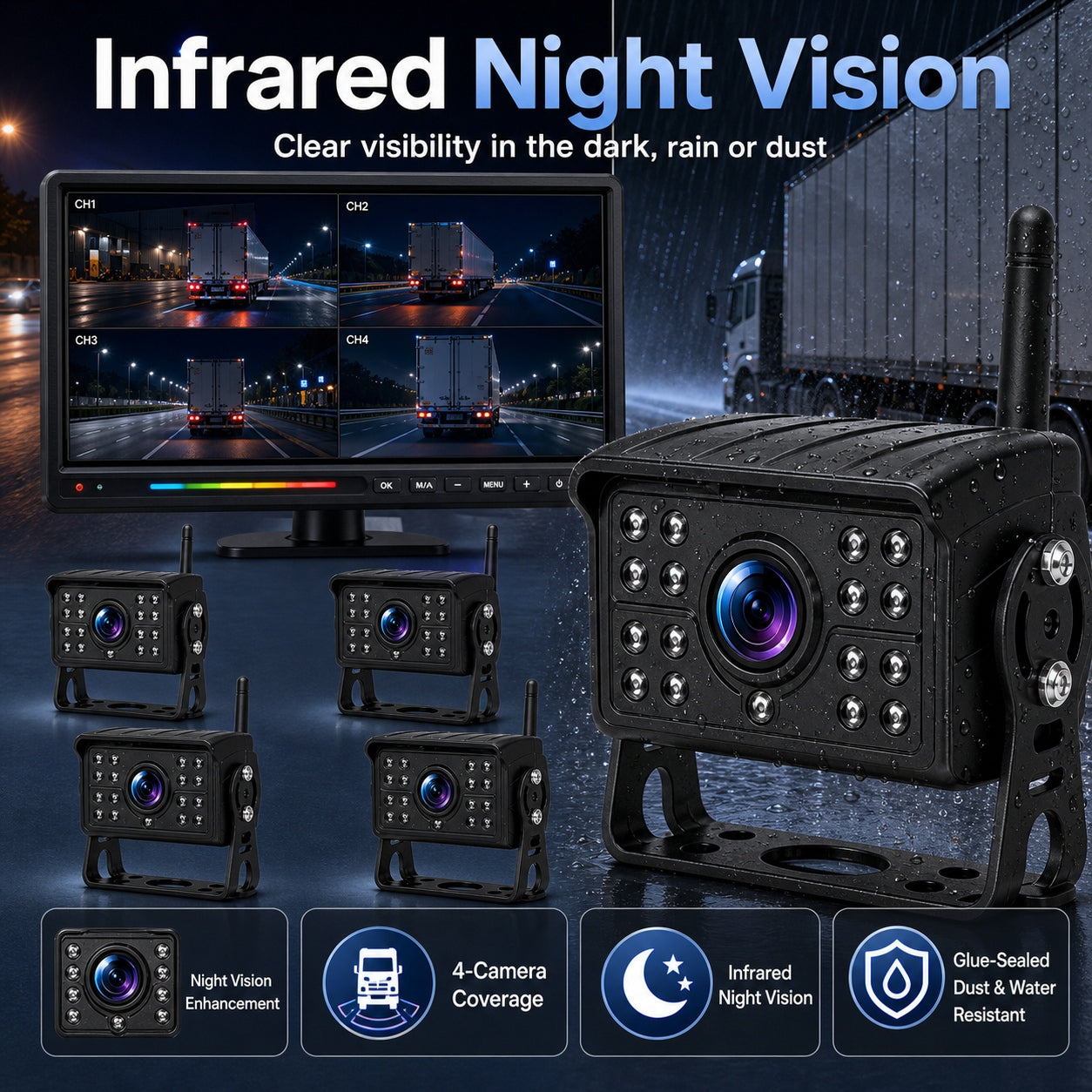 15.88'' 4CH CarPlay Wireless Truck Monitoring System Wi-Fi BSD Alert Night Vision Cameras