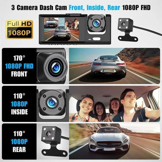 WiFi 3-Channel Dash Cam 1080P Front Rear & Inside Motion Detection Free 32GB Card