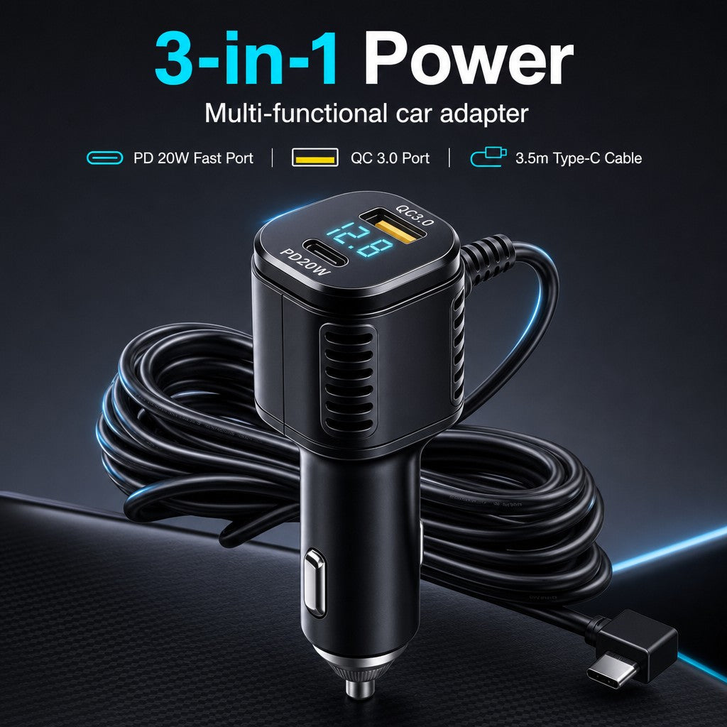 3-Port Dash Cam Car Charger with Voltage Display – QC3.0, PD 20W & 3.5m Right-Angle USB-C Cable