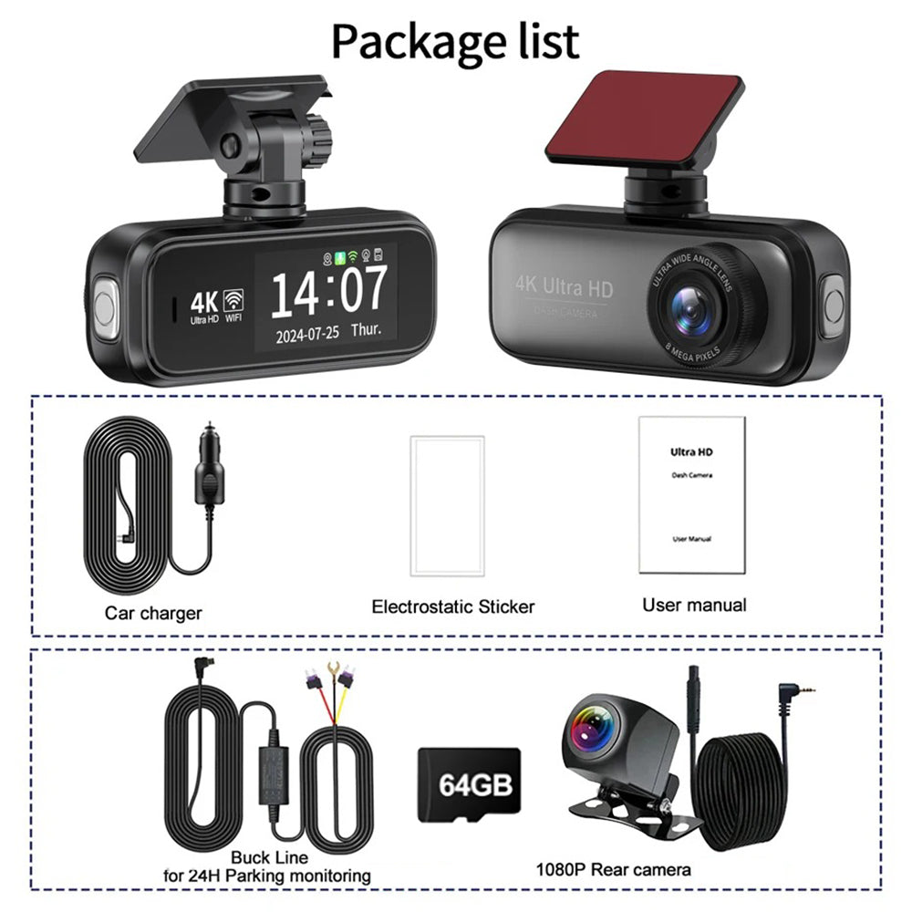 4K Front and Rear Dash Cam WiFi GPS Hardwire Kit 64GB Card