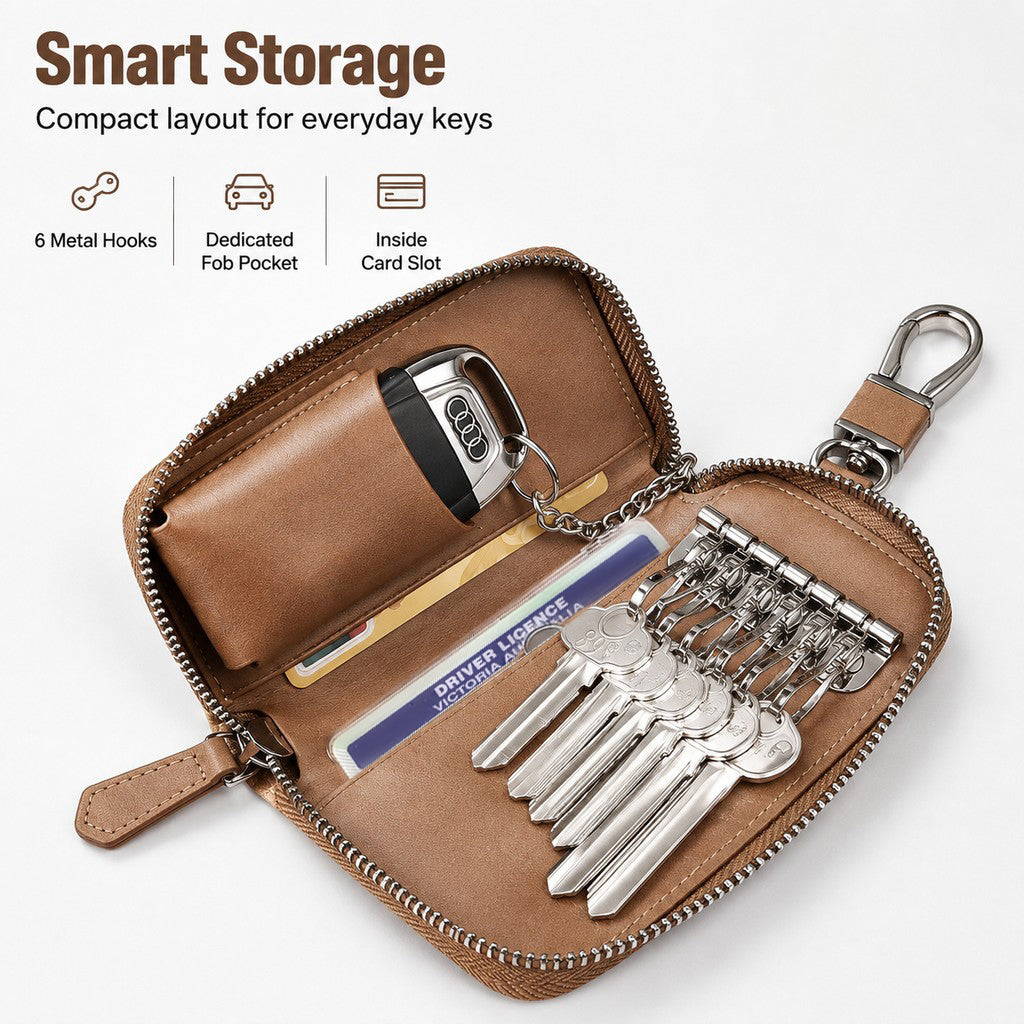 Leather-Look Car Key Organiser Pouch with Zip & Clip – 3 Colours Key Bag – product detail image 4