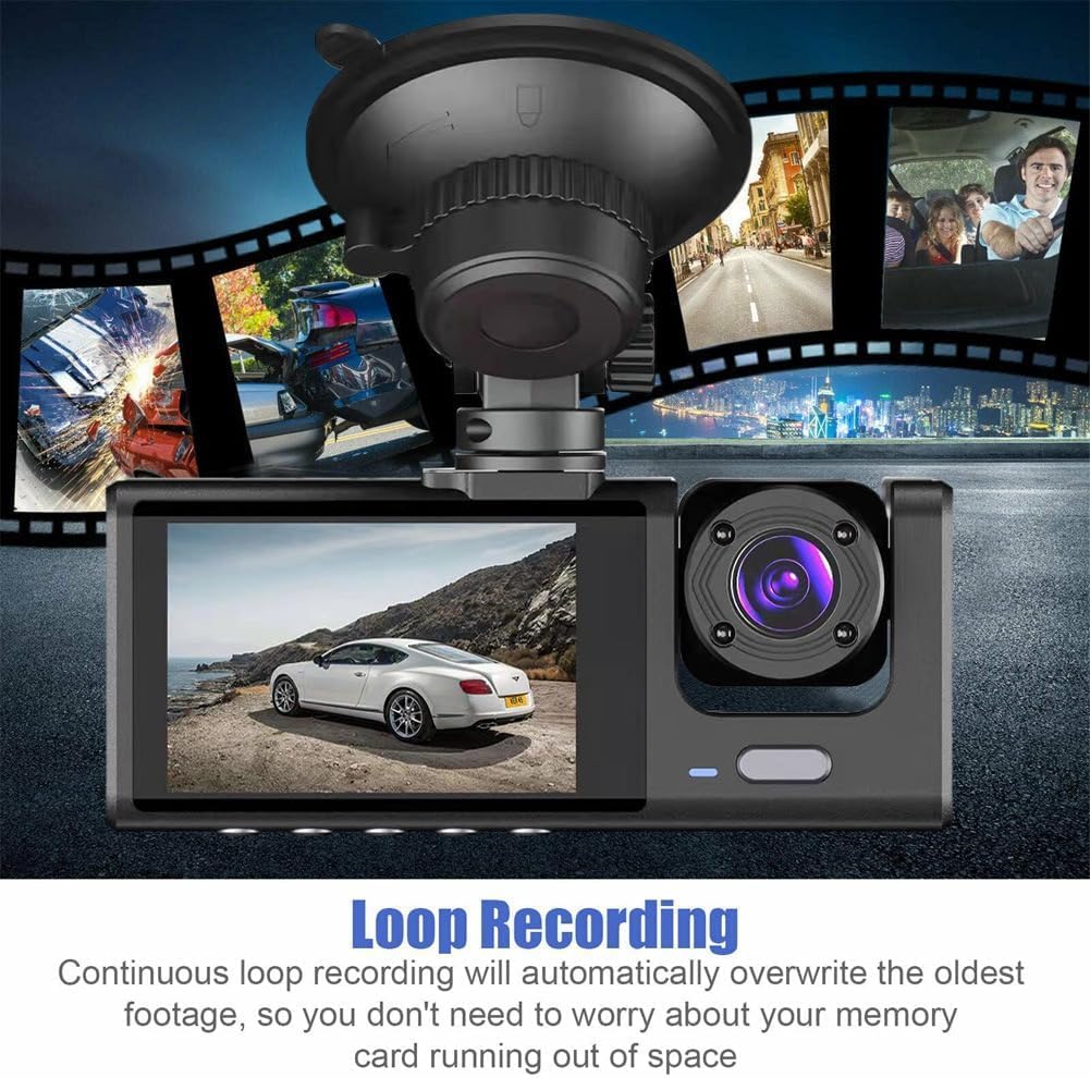 WiFi 3-Channel Dash Cam 1080P Front Rear & Inside Motion Detection Free 32GB Card