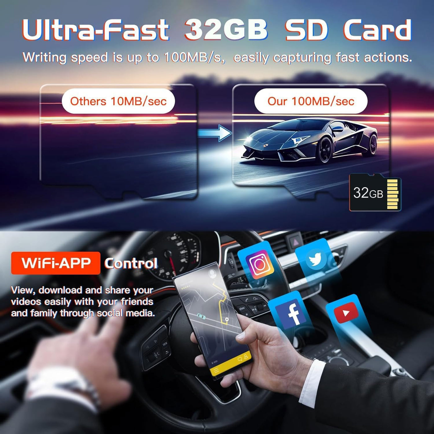WiFi 3-Channel Dash Cam 1080P Front Rear & Inside Motion Detection Free 32GB Card
