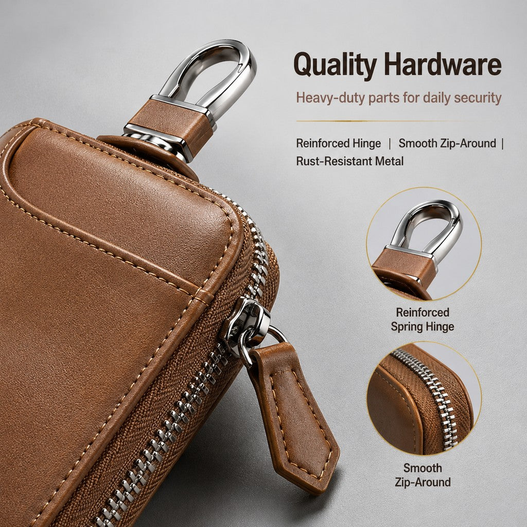 Leather-Look Car Key Organiser Pouch with Zip & Clip – 3 Colours Key Bag – product detail image 7