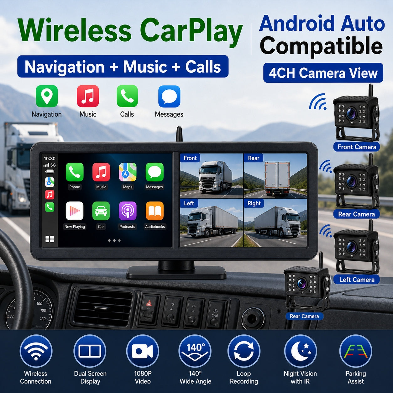15.88'' 4CH CarPlay Wireless Truck Monitoring System Wi-Fi BSD Alert Night Vision Cameras