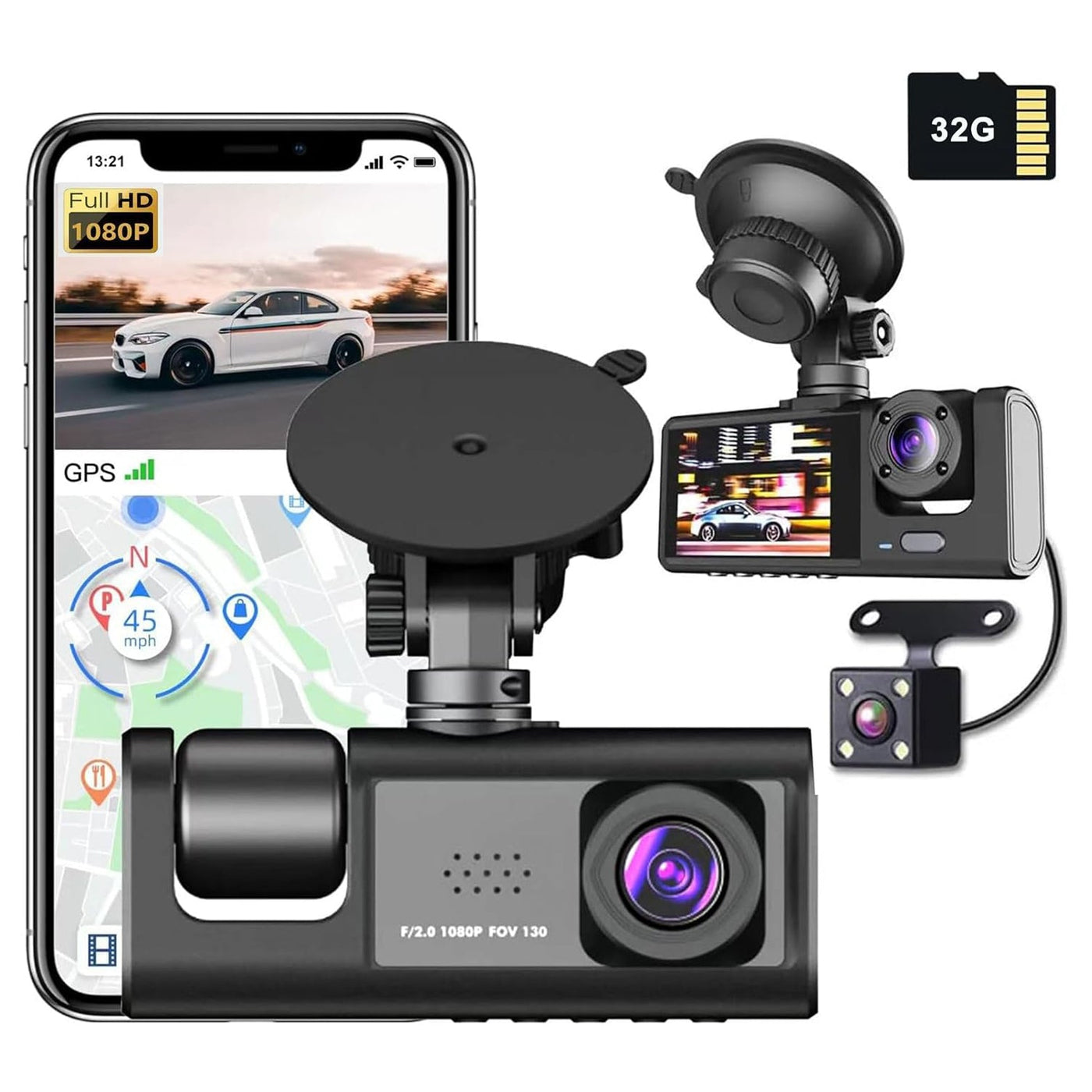 WiFi 3-Channel Dash Cam 1080P Front Rear & Inside Motion Detection Free 32GB Card