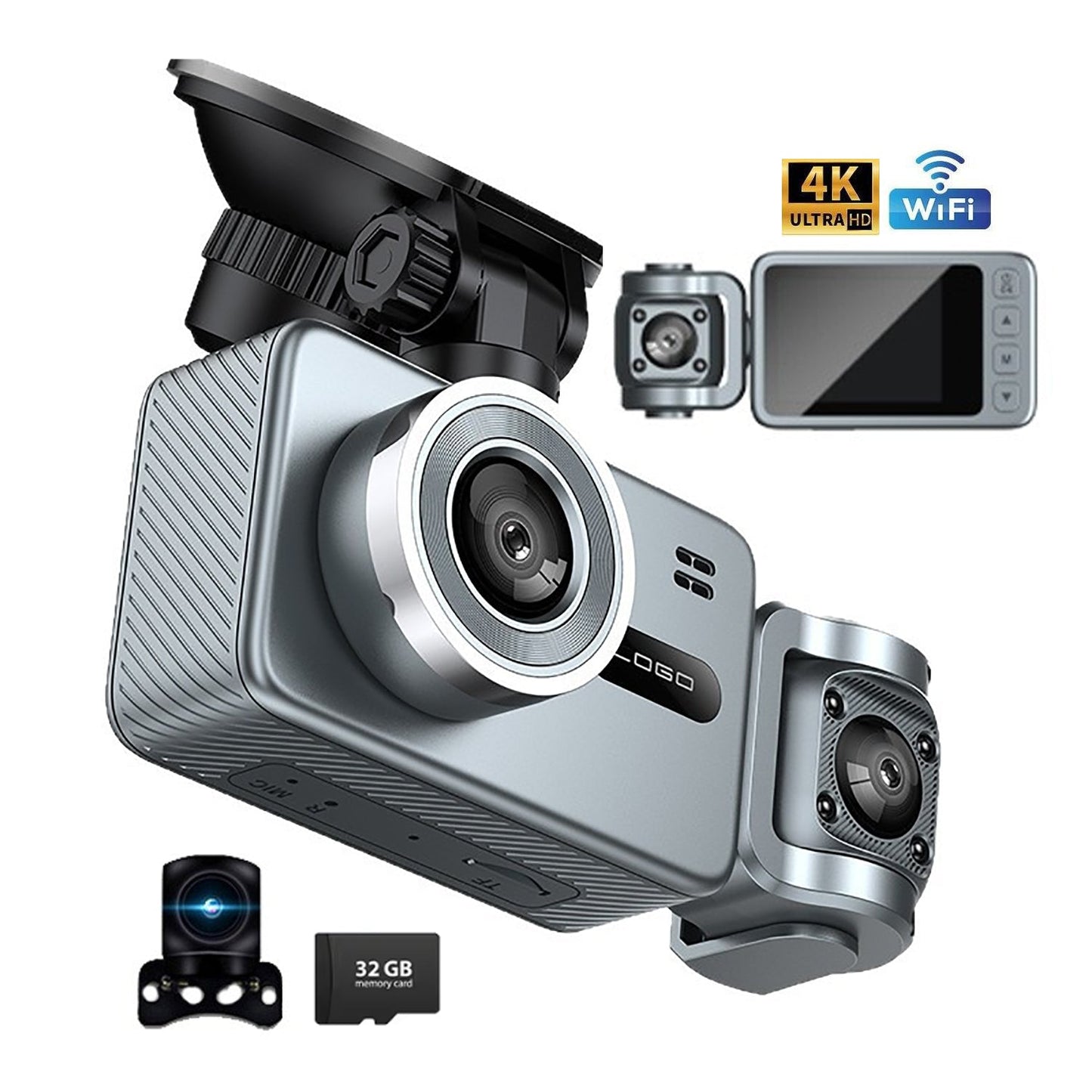 4K Triple Lens Dash Cam Front Cabin Rear Camera WiFi 32GB Card