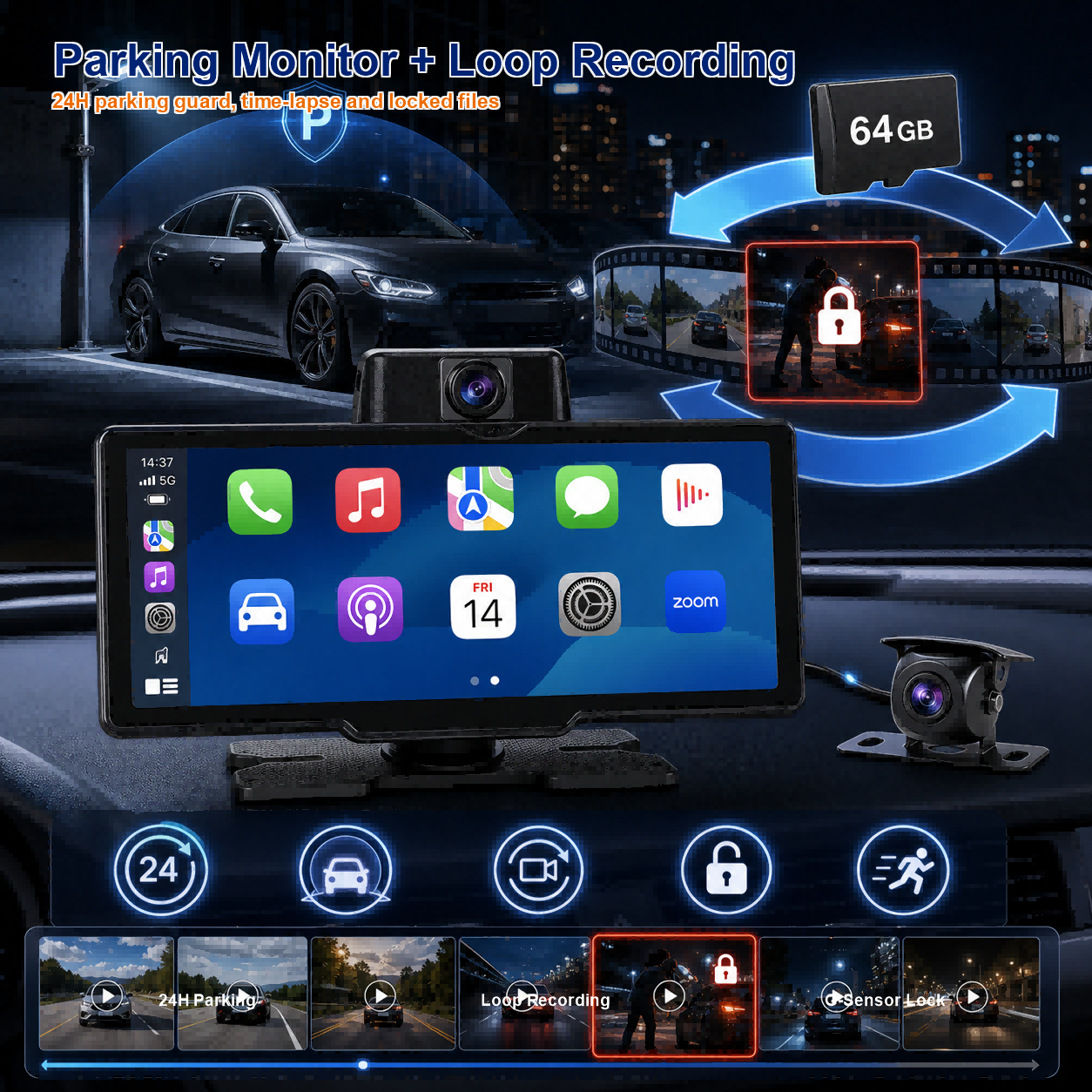 4K ADAS DVR Wireless Apple Android Carplay Light Sensor Dash Camera with 64G Card