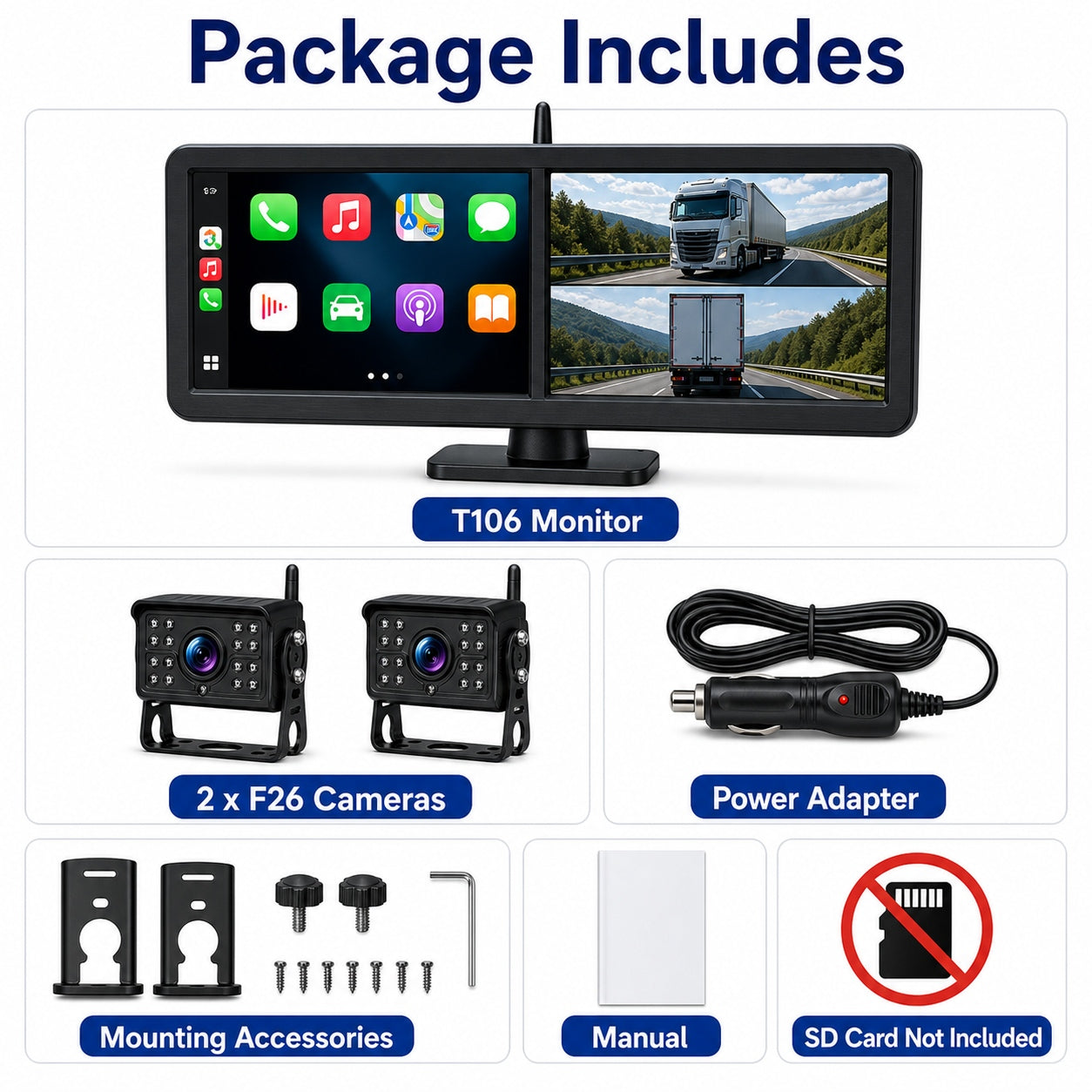 15.88'' Dual Screen Wireless CarPlay Wi-Fi RV Camera System 2CH BSD Infrared Cameras