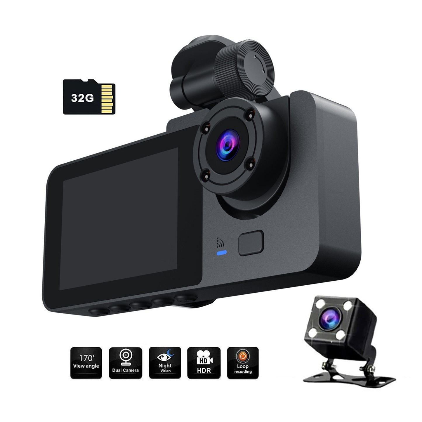 3 Channel 1080P Car DVR Dash Cam with Motion Detection 32GB Card Included