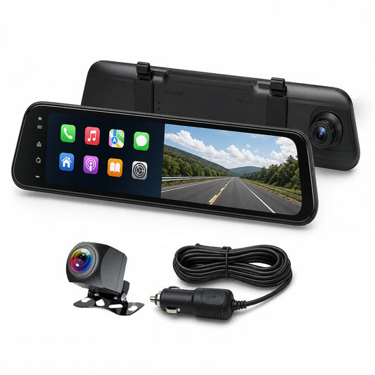 10-inch streaming mirror dash cam kit with rear camera, cable and car charger