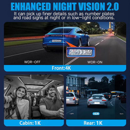 3 Channel 4K+1K+1K Dash Cam WiFi Car DVR Interior Cabin Camera Recorder with 32G Card