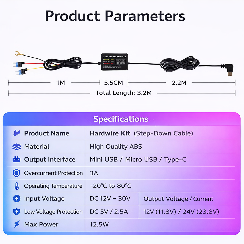 3-Wire Smart Hardwire Kit for Dash Cam Low Voltage Protection Mini USB / Micro USB / Type-C