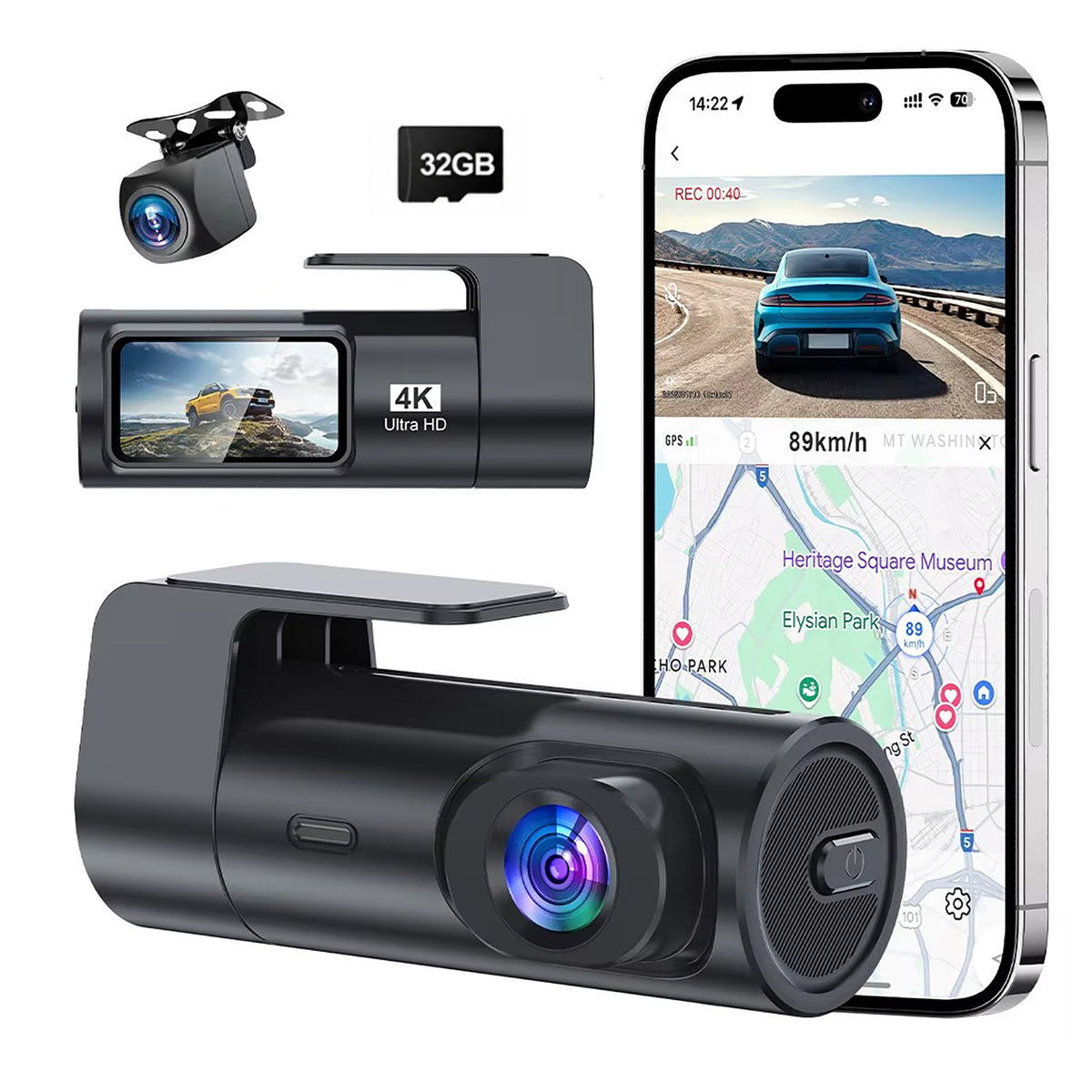 MCNE Dual 4K Front & Rear Wi-Fi Dash Cam with 32GB Card