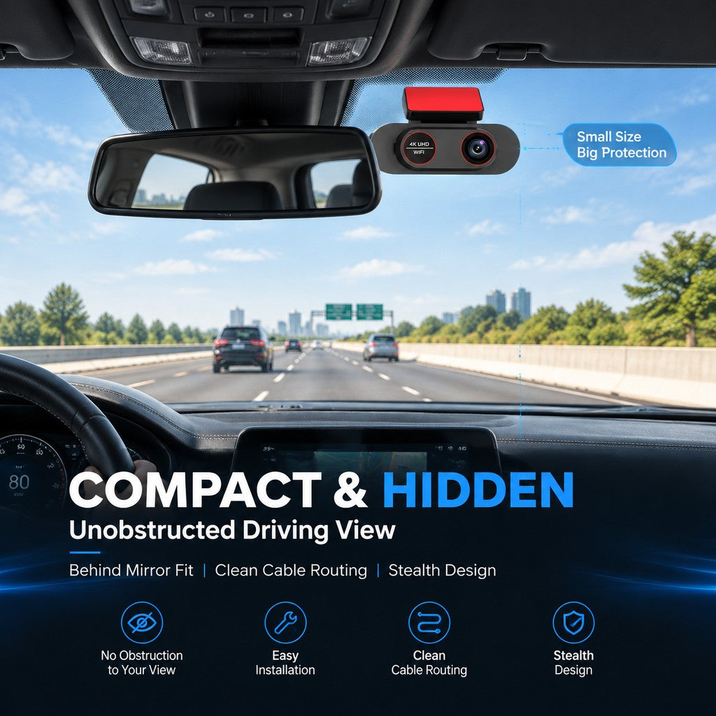 TA-146 compact dash cam mounted behind the rear-view mirror