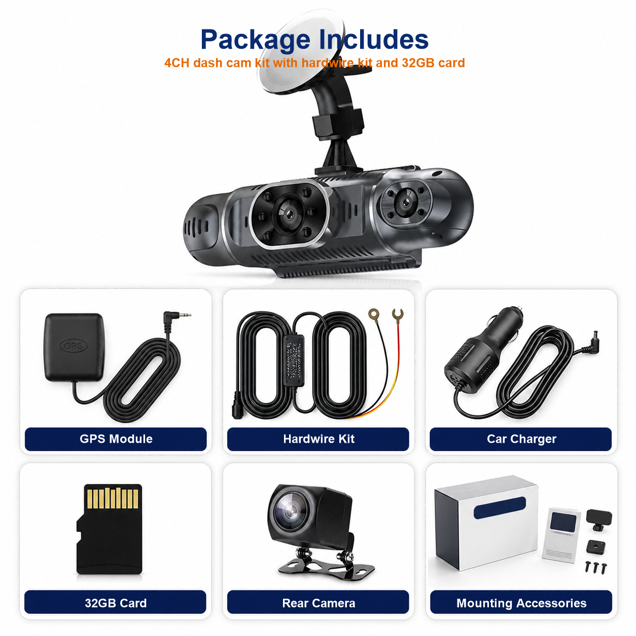 4CH 1080P Full HD WiFi Dash Cameras with GPS Hardwire and 32GB Card