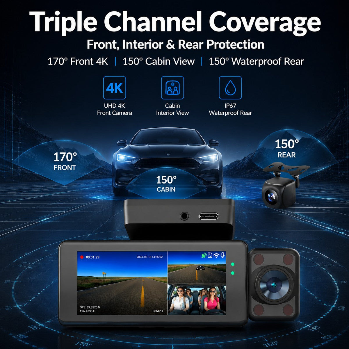 TA-145 triple-channel coverage with 4K front, 1080P cabin and waterproof rear cameras