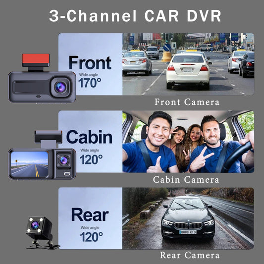 1080P 3-Channel Dash Cam Front Rear Inside Motion Detection IR Interior Night Vision