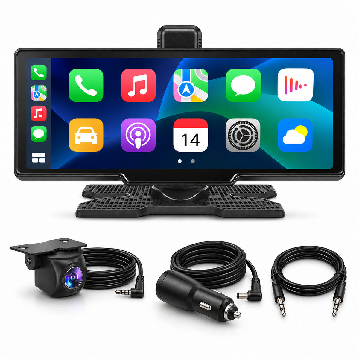 MCNE TA-102-02 10.26-inch CarPlay display with wired rear camera, dashboard base and cables, no memory card included