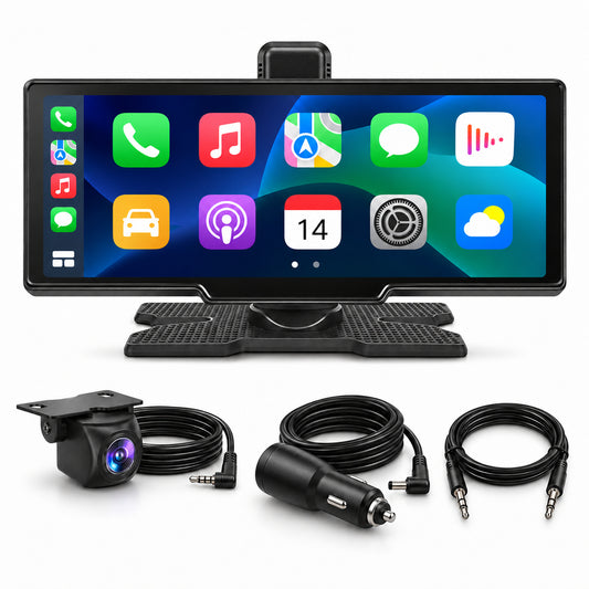 MCNE TA-102-02 10.26-inch CarPlay display with wired rear camera, dashboard base and cables, no memory card included
