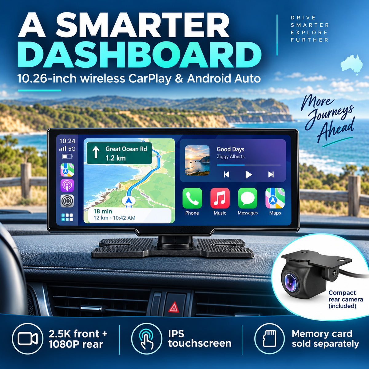 10.26-inch wireless CarPlay and Android Auto dashboard display with 2.5K front and 1080P rear recording