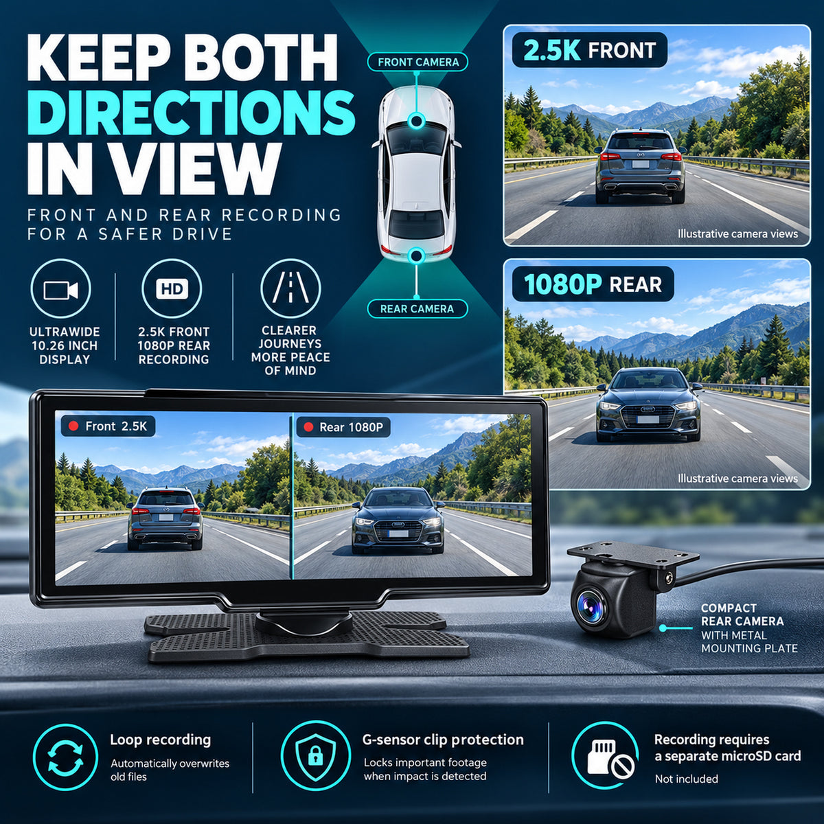 MCNE dual dash cam with integrated 2.5K front recording, wired 1080P rear recording, loop recording and G-sensor