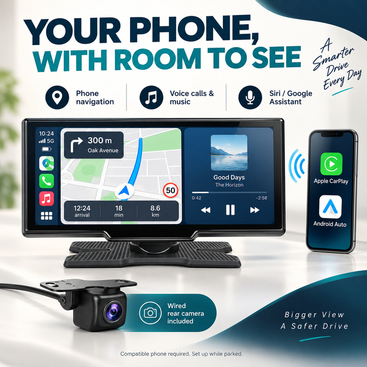 Wireless Apple CarPlay and Android Auto phone navigation, calls and music on MCNE 10.26-inch IPS display