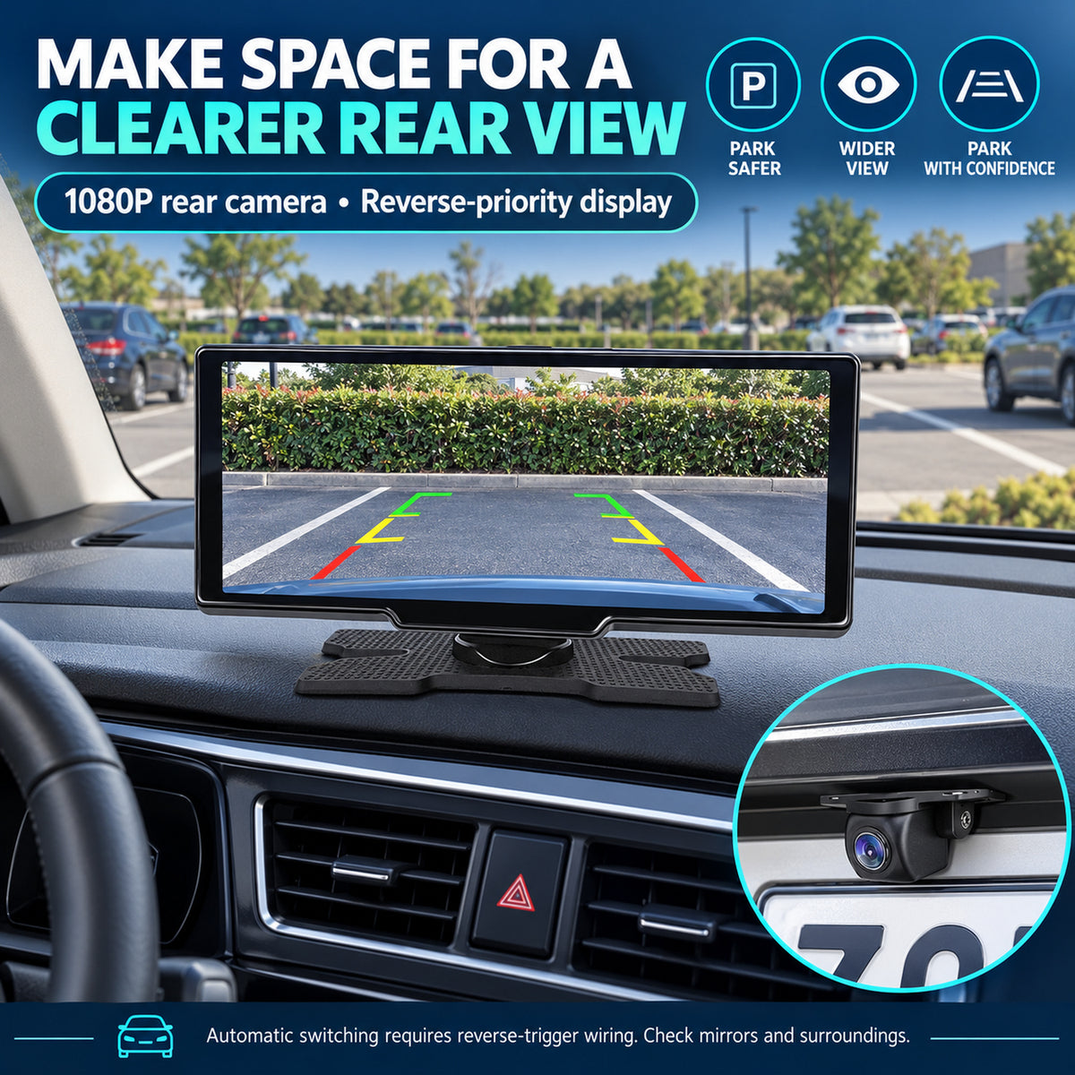 Wired 1080P rear camera and reverse-priority view requiring reverse-trigger wiring