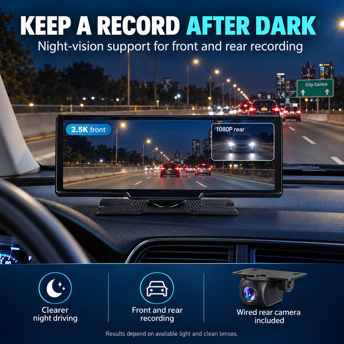 MCNE TA-102-02 front and rear dash cam night-vision recording with available road lighting