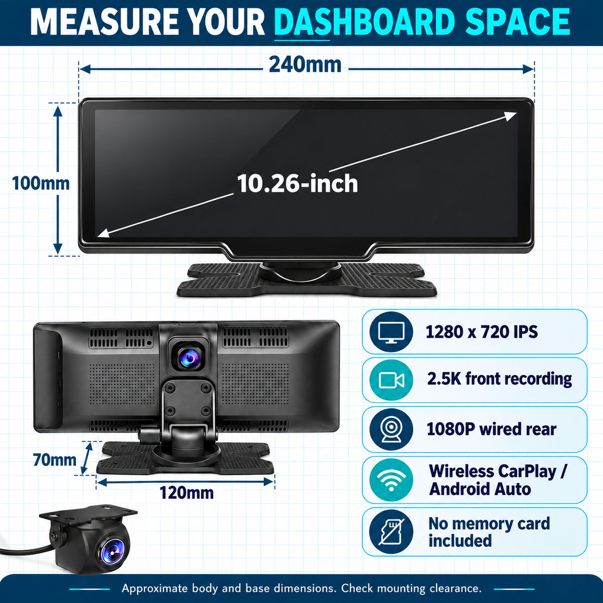 MCNE TA-102-02 240 by 100 mm monitor, 120 by 70 mm base and 1280 by 720 IPS screen, no memory card