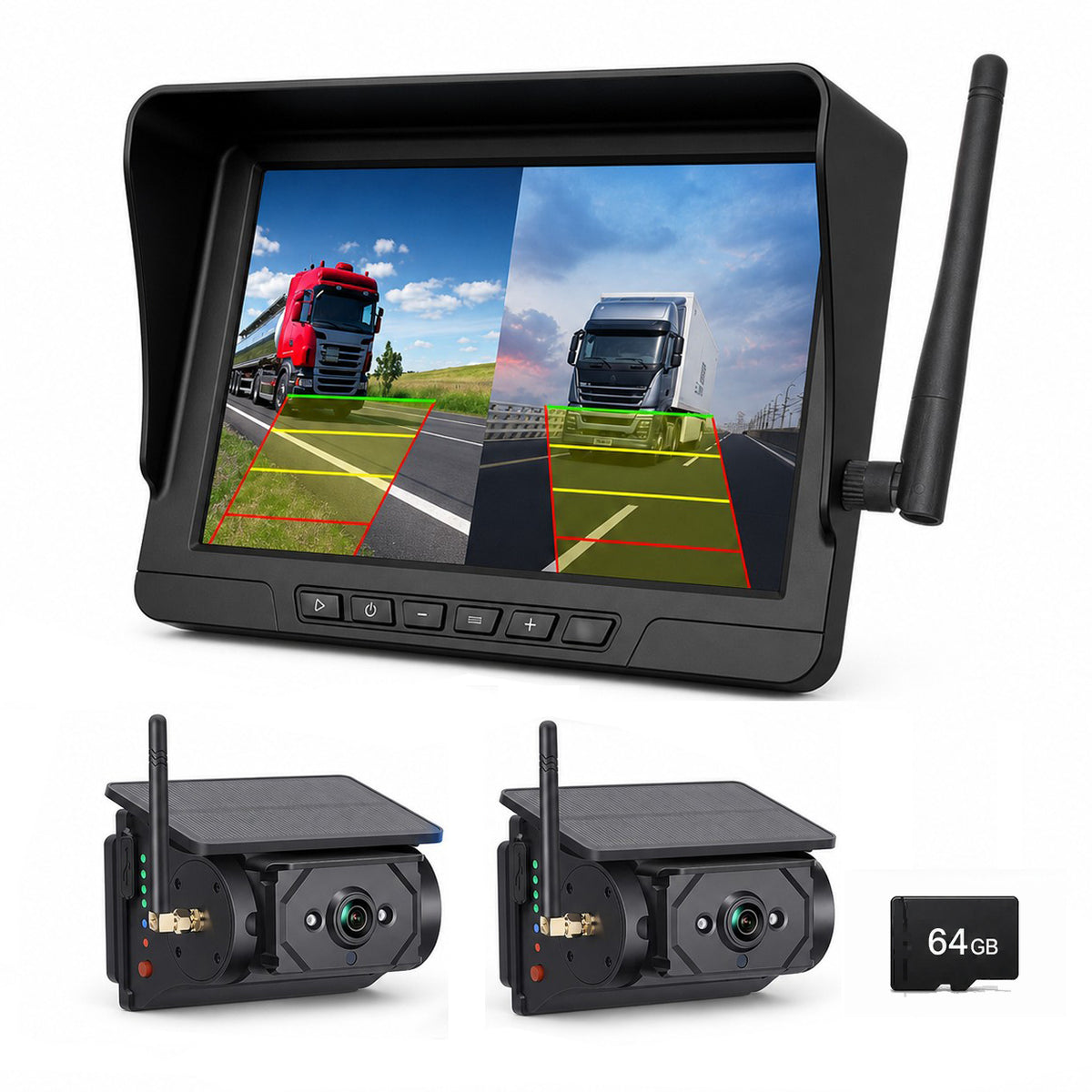 MCNE 10.1-inch wireless backup camera system with Q12 monitor, two F25 solar magnetic cameras and 64GB card