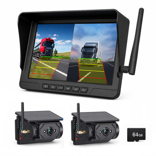 MCNE 10.1-inch wireless backup camera system with Q12 monitor, two F25 solar magnetic cameras and 64GB card