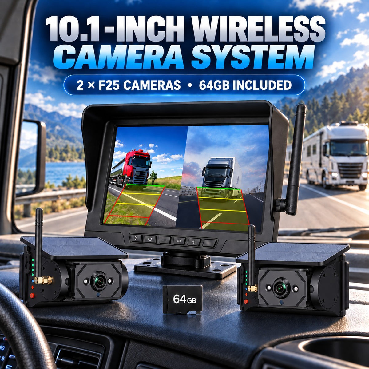 MCNE 10.1-inch dual-camera wireless system with two F25 solar magnetic cameras and included 64GB card