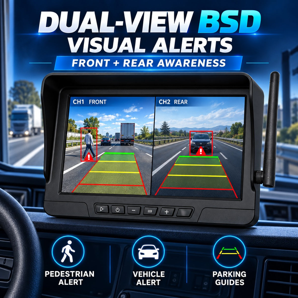10.1-inch monitor showing front and rear dual view with BSD visual alerts and parking guides