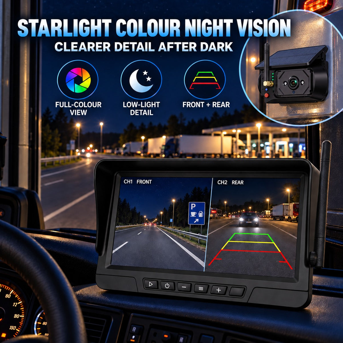F25 solar magnetic camera starlight colour night vision with front and rear monitor views