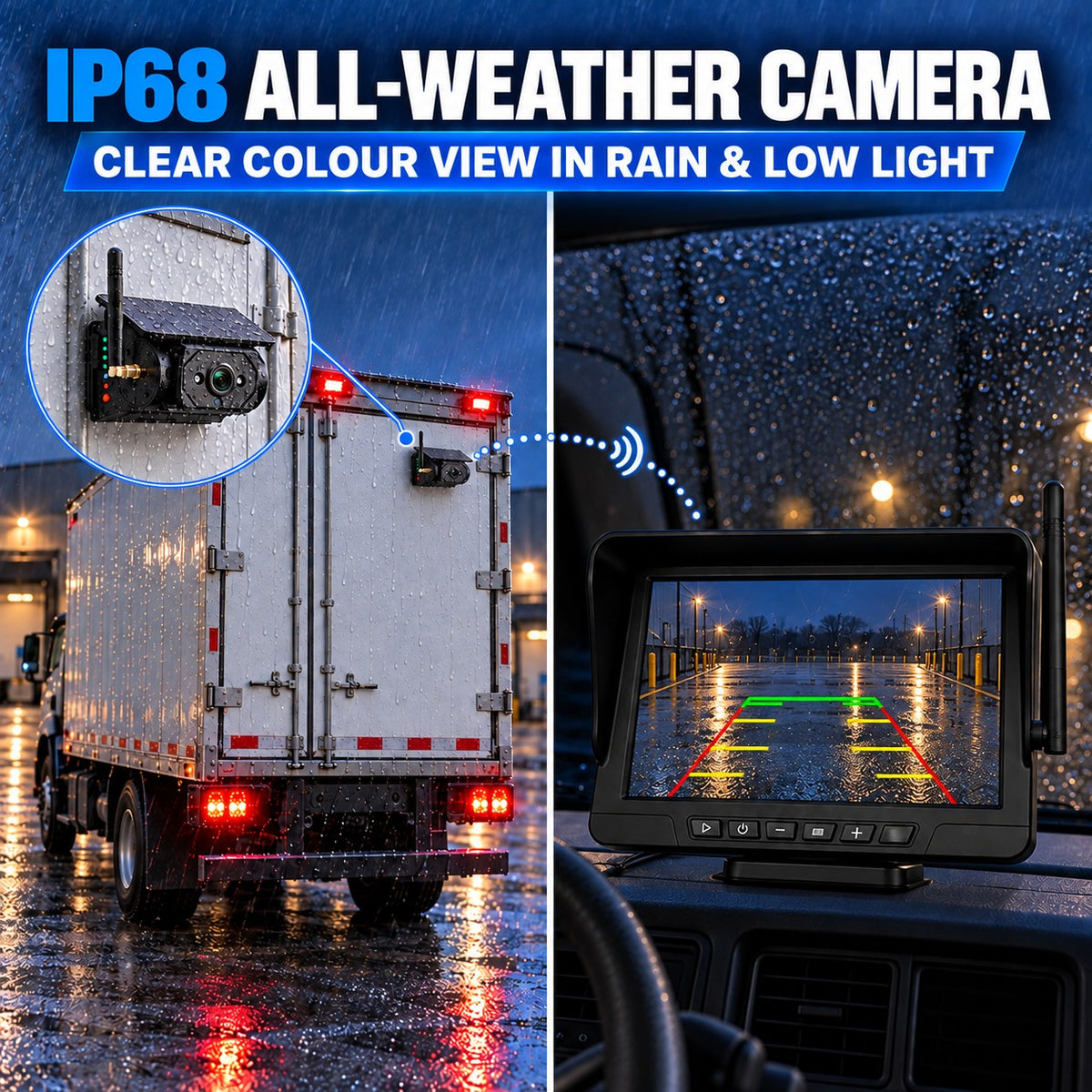 IP68 F25 wireless camera providing rear visibility in rain and low-light conditions
