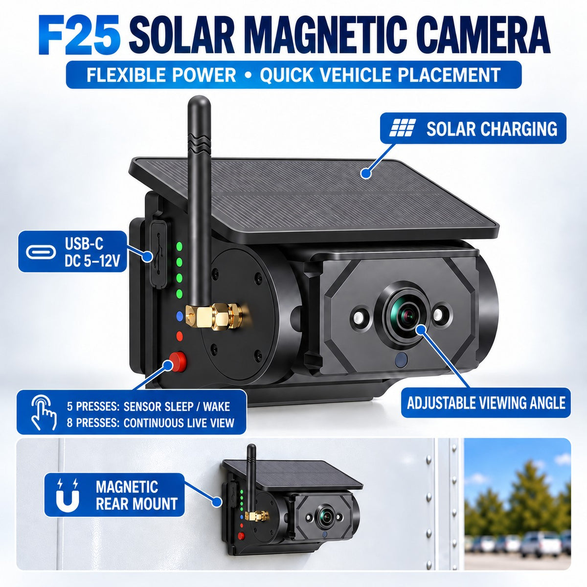 F25 solar magnetic camera with USB-C charging, adjustable angle and magnetic rear mount