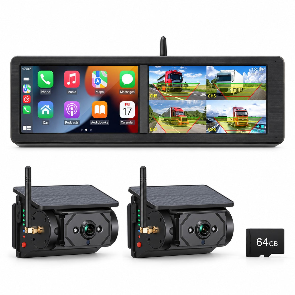 MCNE 15.88-inch dual-screen CarPlay BSD monitor with two F25 solar magnetic cameras and 64GB card