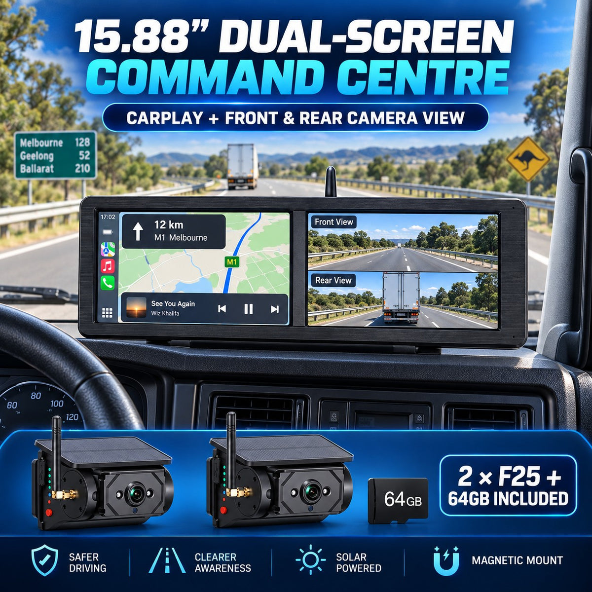 MCNE 15.88-inch dual-screen CarPlay truck camera system showing front and rear views