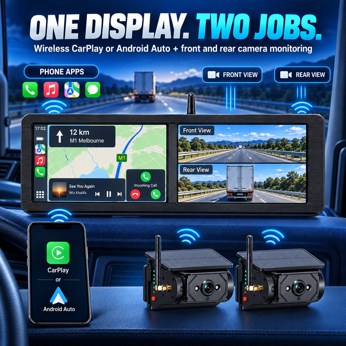 15.88-inch display showing wireless CarPlay and front rear camera monitoring together
