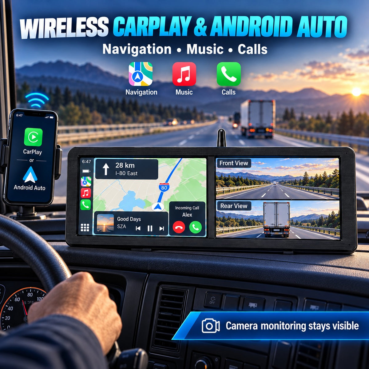 Wireless Apple CarPlay and Android Auto navigation with front and rear truck camera views