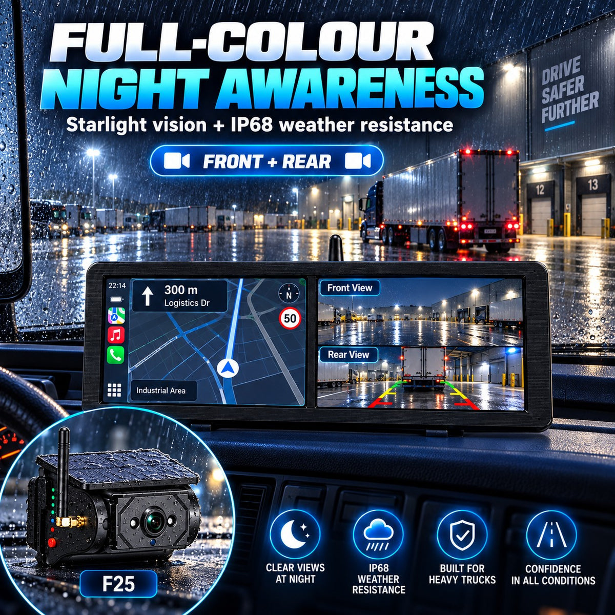 MCNE F25 solar camera system with full-colour night view and IP68 weather resistance