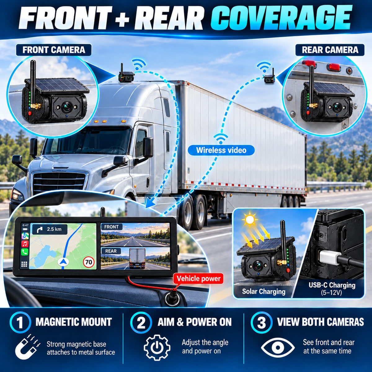Front and rear F25 magnetic camera installation on a truck with wireless monitor